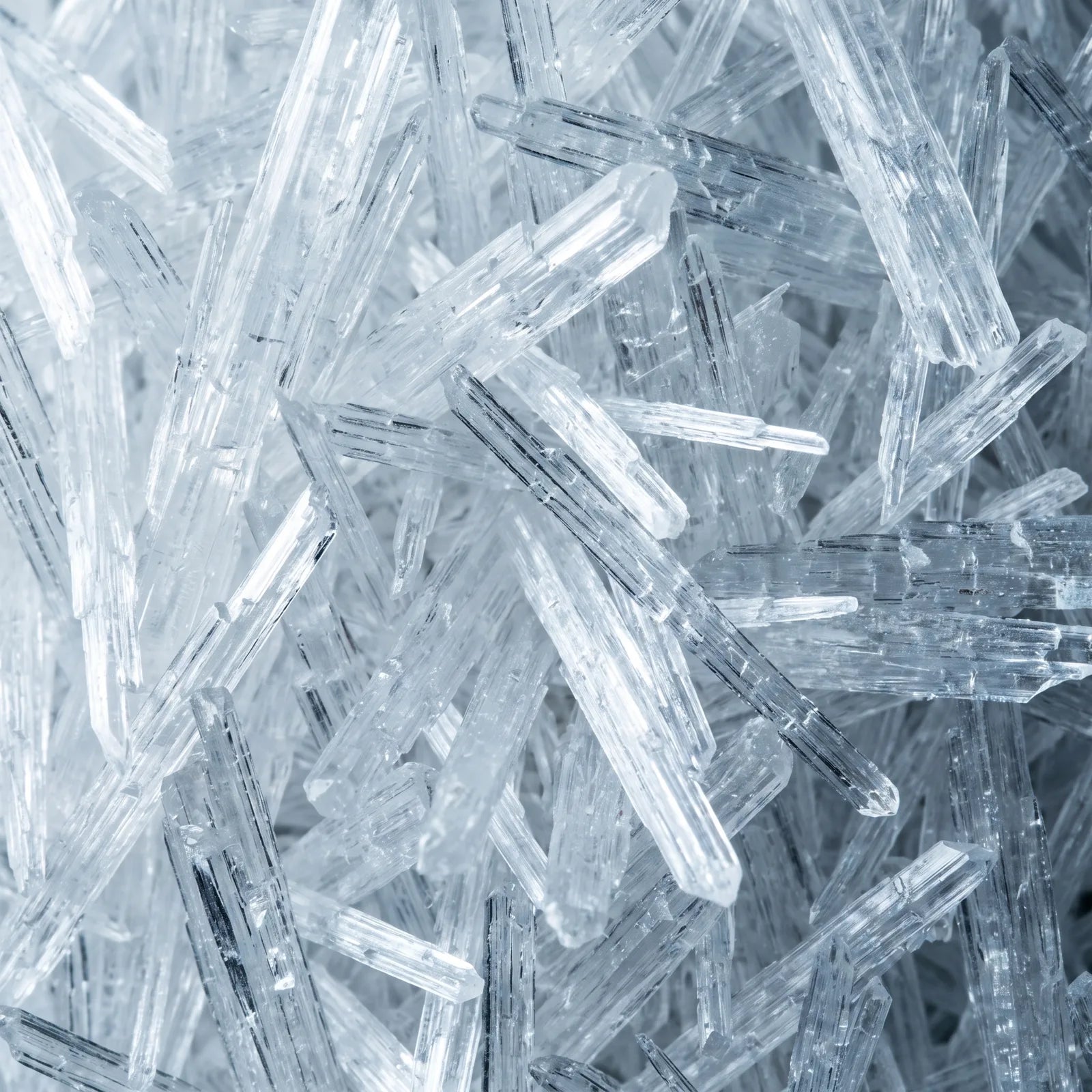 Close-up of clear menthol crystals