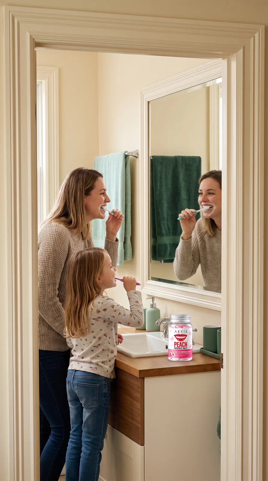 A mom and her daughter brush their teeth side by side