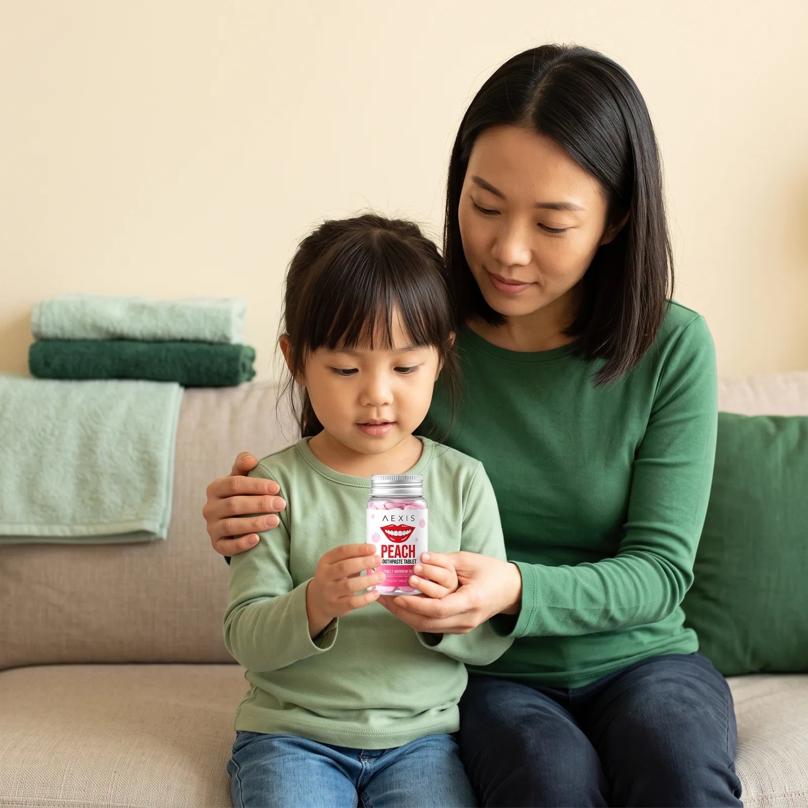 A girl on the sofa holds the Aexis bottle next to her mom
