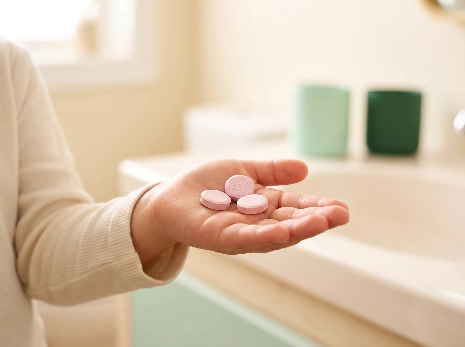 Pink peach tablets in an open hand