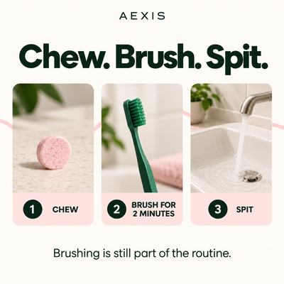 Chew, brush for two minutes, and spit; brushing is still part of the routine