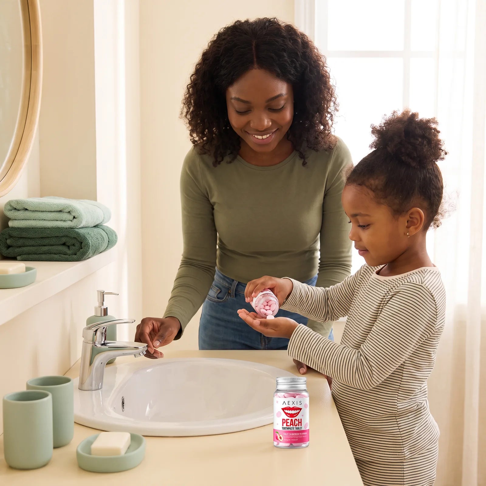 A girl tips a tablet from the bottle into her hand as her mom watches