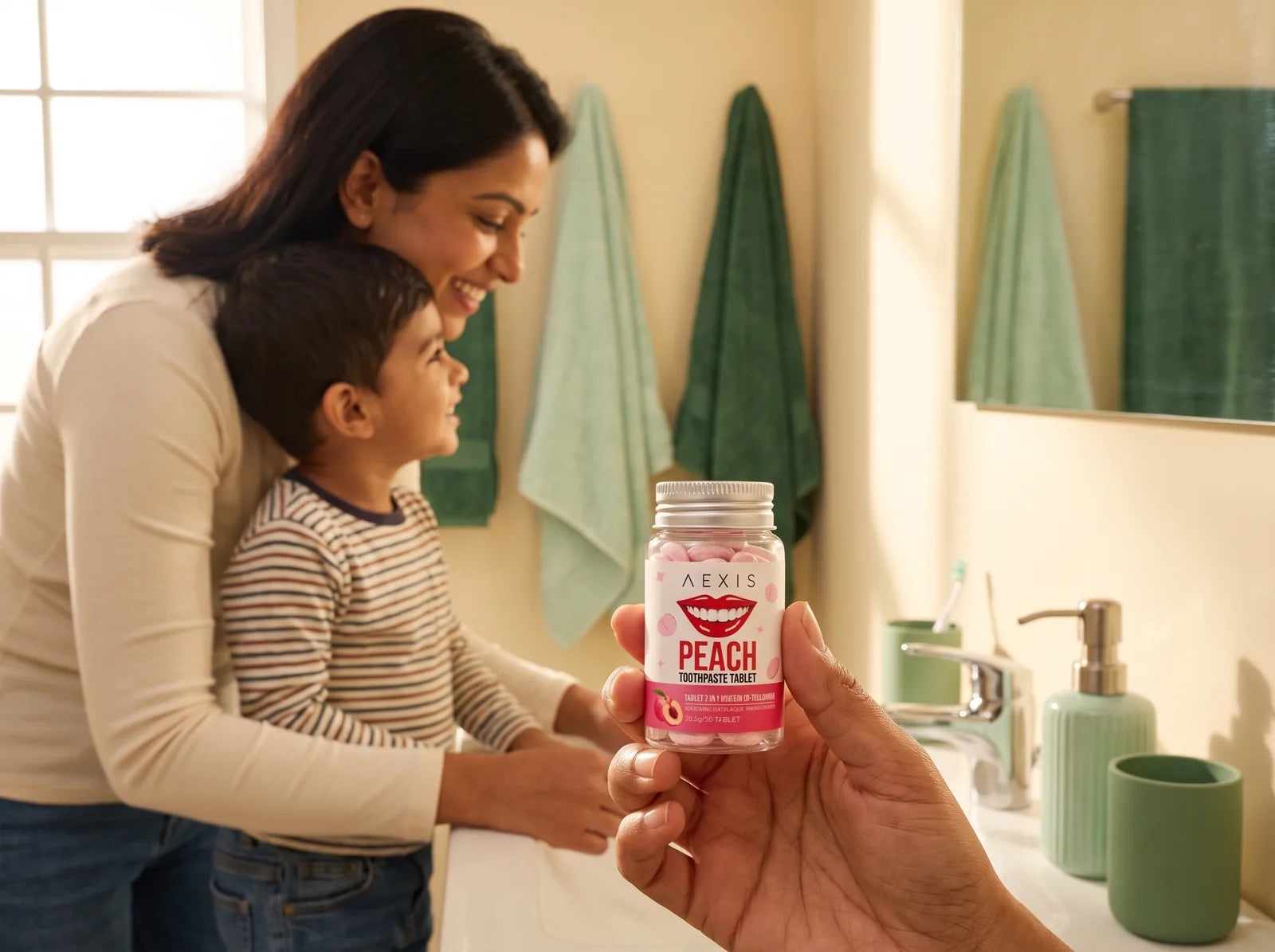 A mom and her son smile at each other at the bathroom sink
