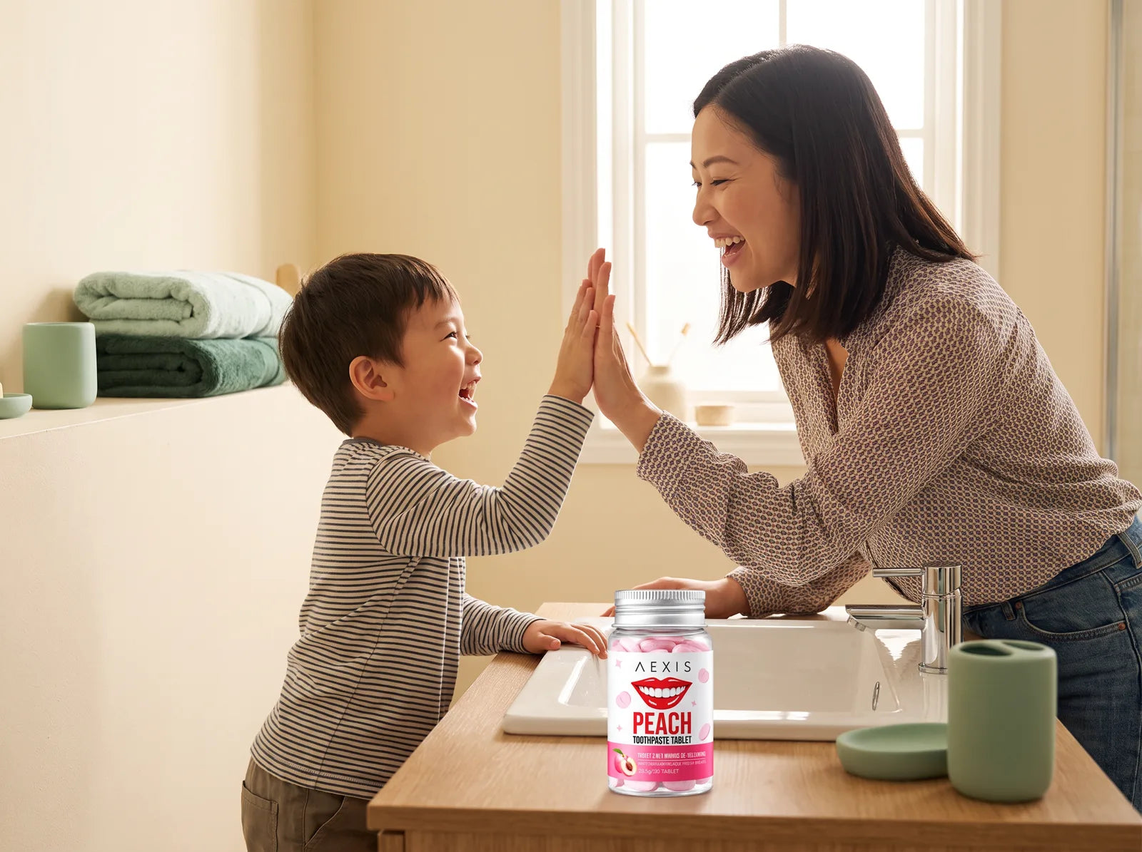 A mom and her son high-five at the sink after brushing