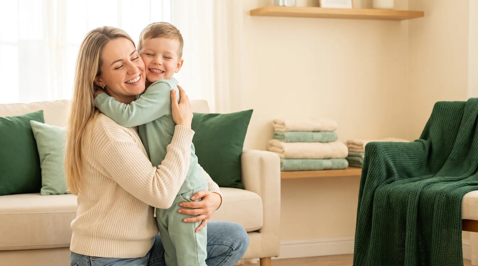 A mom hugs her son in the living room