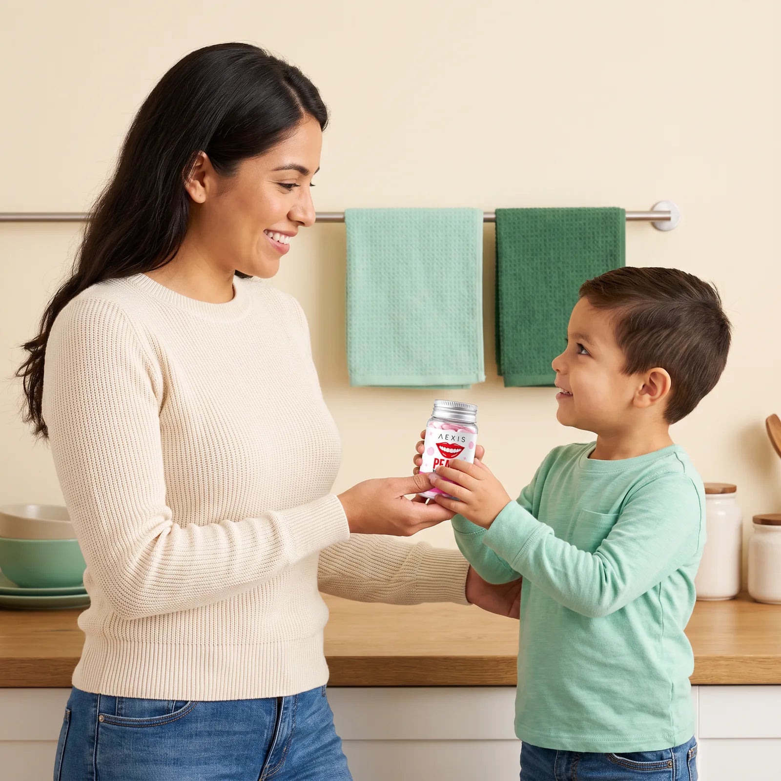 A mom hands her son the Aexis bottle in the kitchen