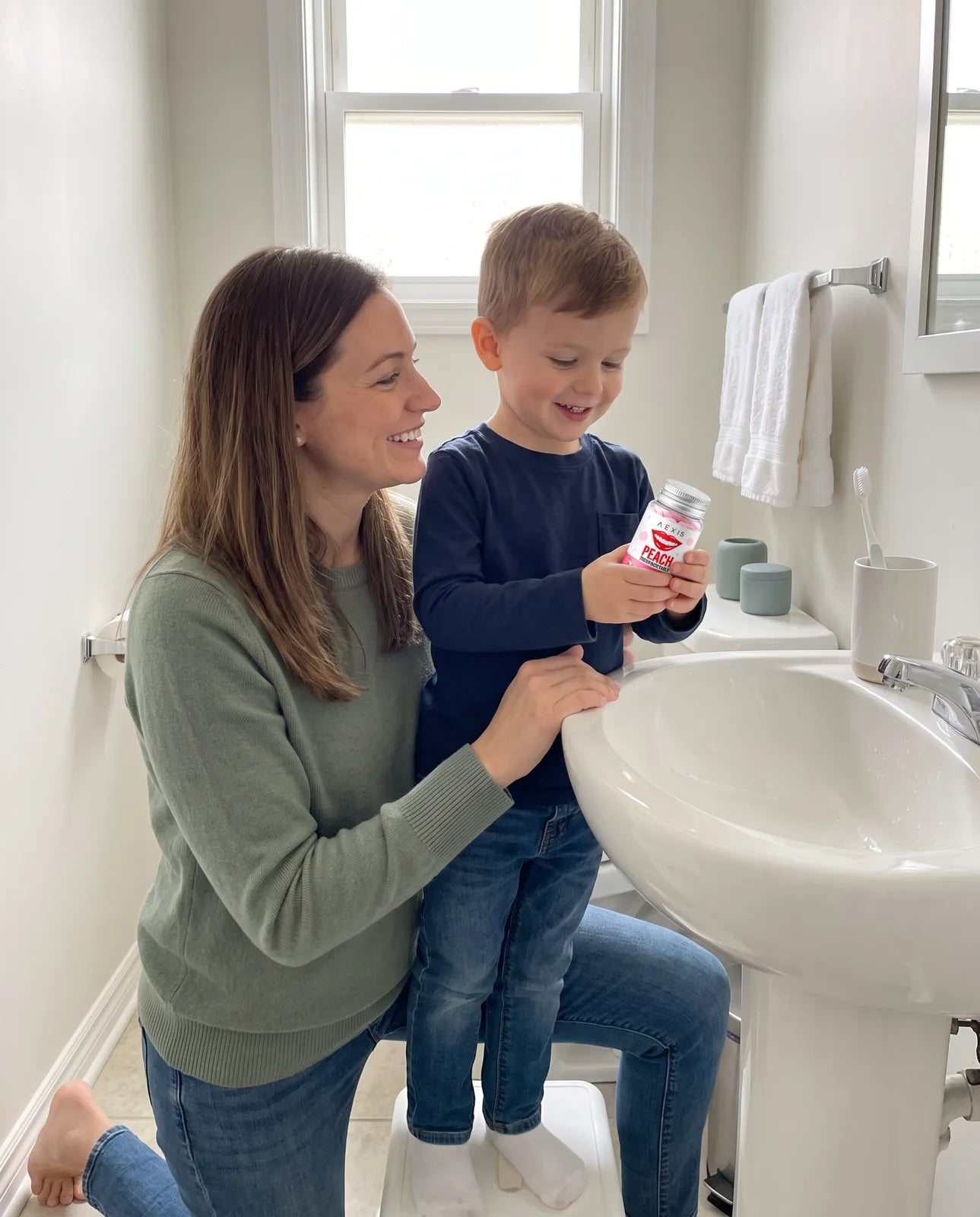 A mom kneels beside her son at the sink as he holds the Aexis bottle