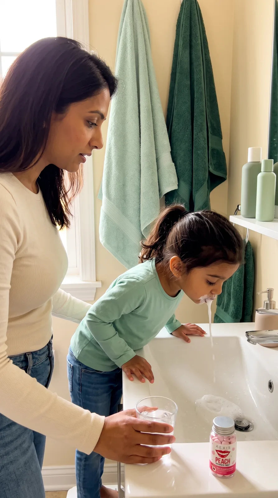 A girl spits into the sink while her mom holds a cup of water
