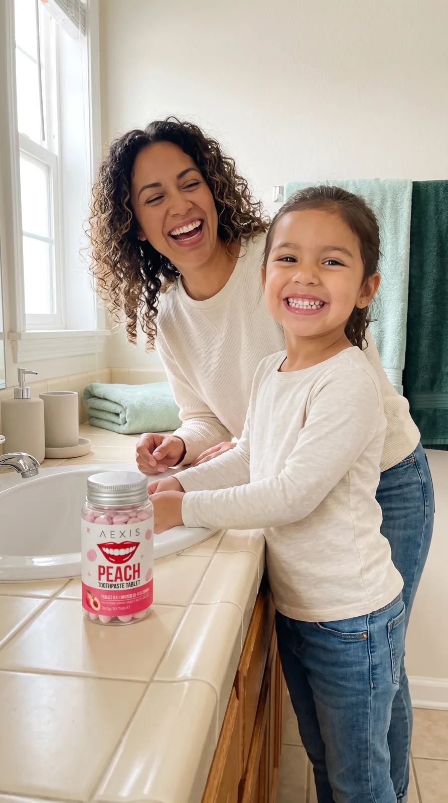 A girl smiles wide next to her mom after brushing