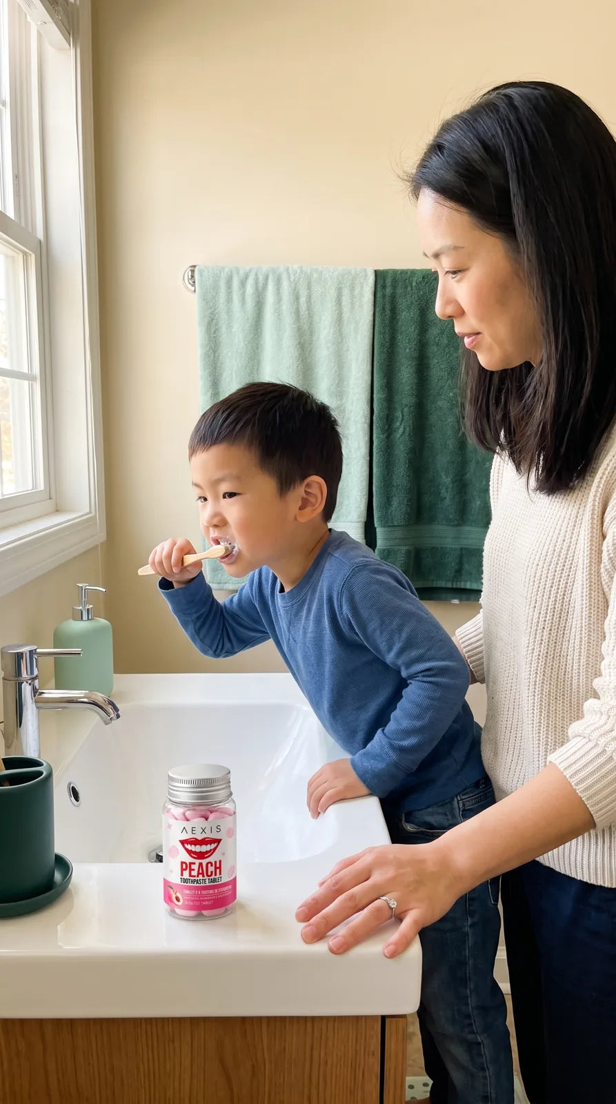 A boy brushes his teeth at the sink with his mom beside him